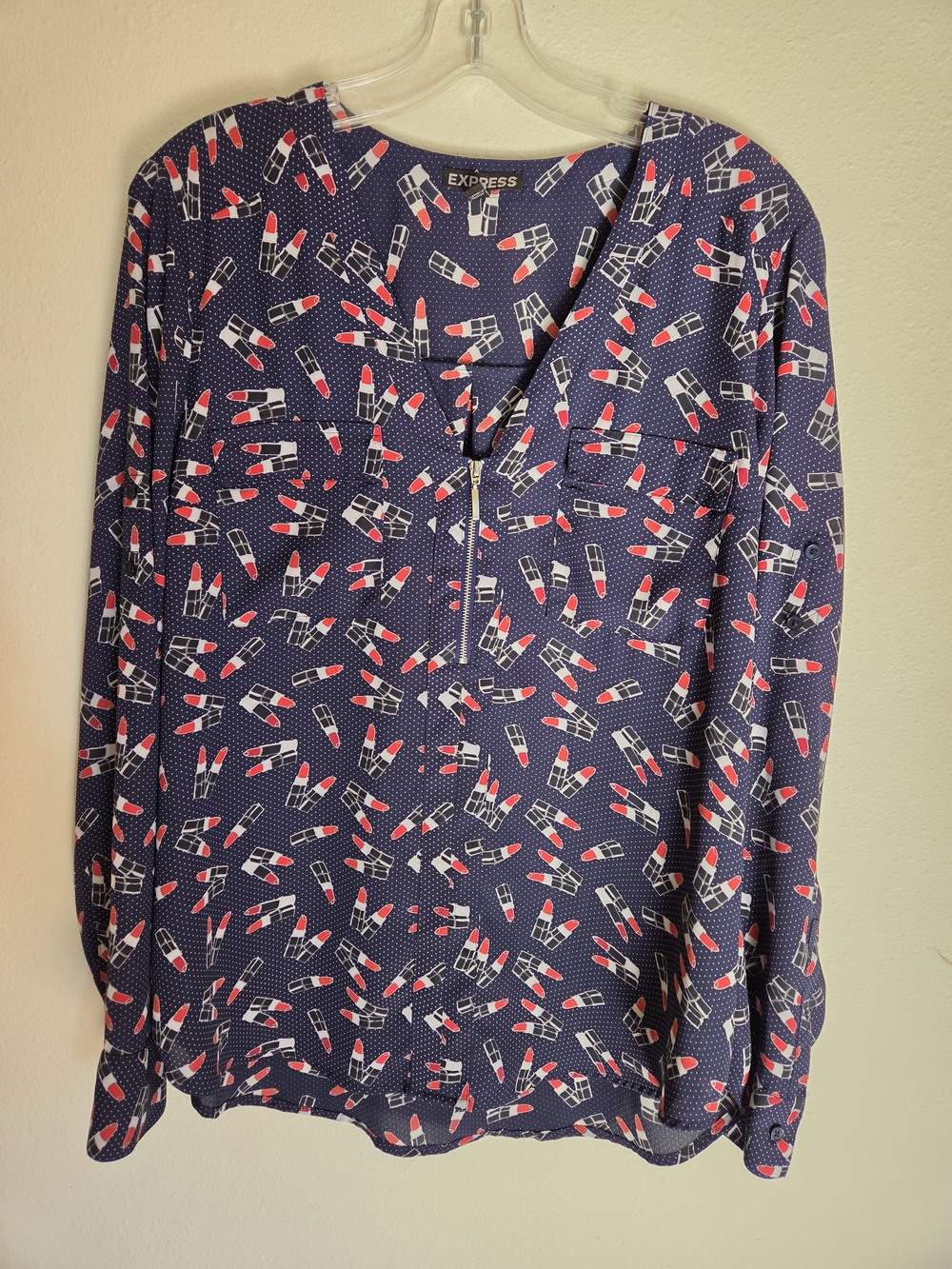Express Navy Blouse with Red & White Lipstick Print